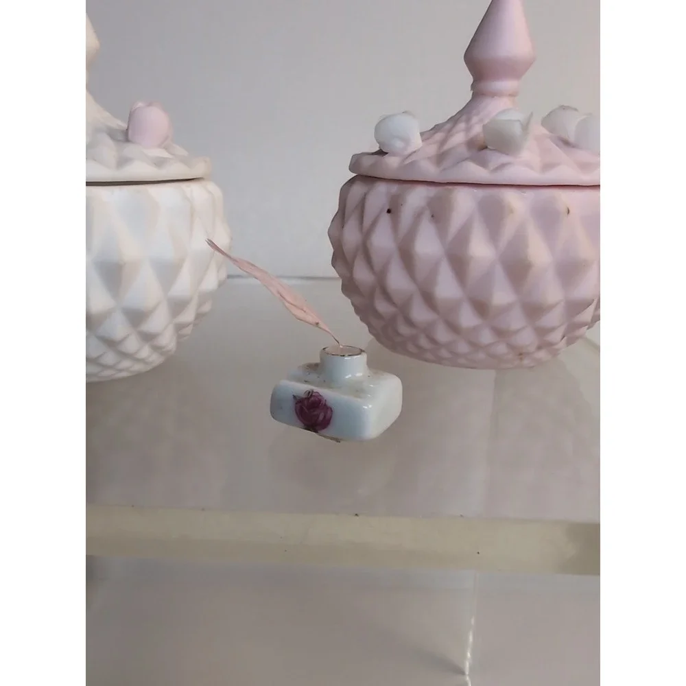 Norcrest Bisque Porcelain Trinket Box Set Of 2 Japan White & Pink W/Figurine
